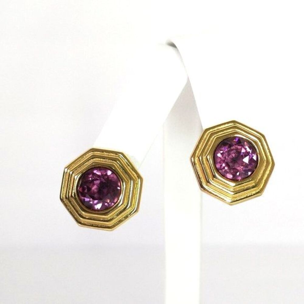 Gold Tone and Faux Amethyst Pierced Earrings Vintage 80's